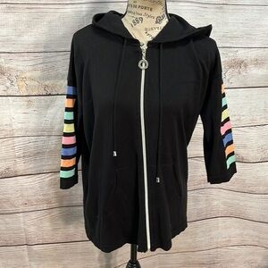 Angel Apparel Black Hoodie Cardigan 3/4 Sleeves Pastel Stripes Zipper Size XS